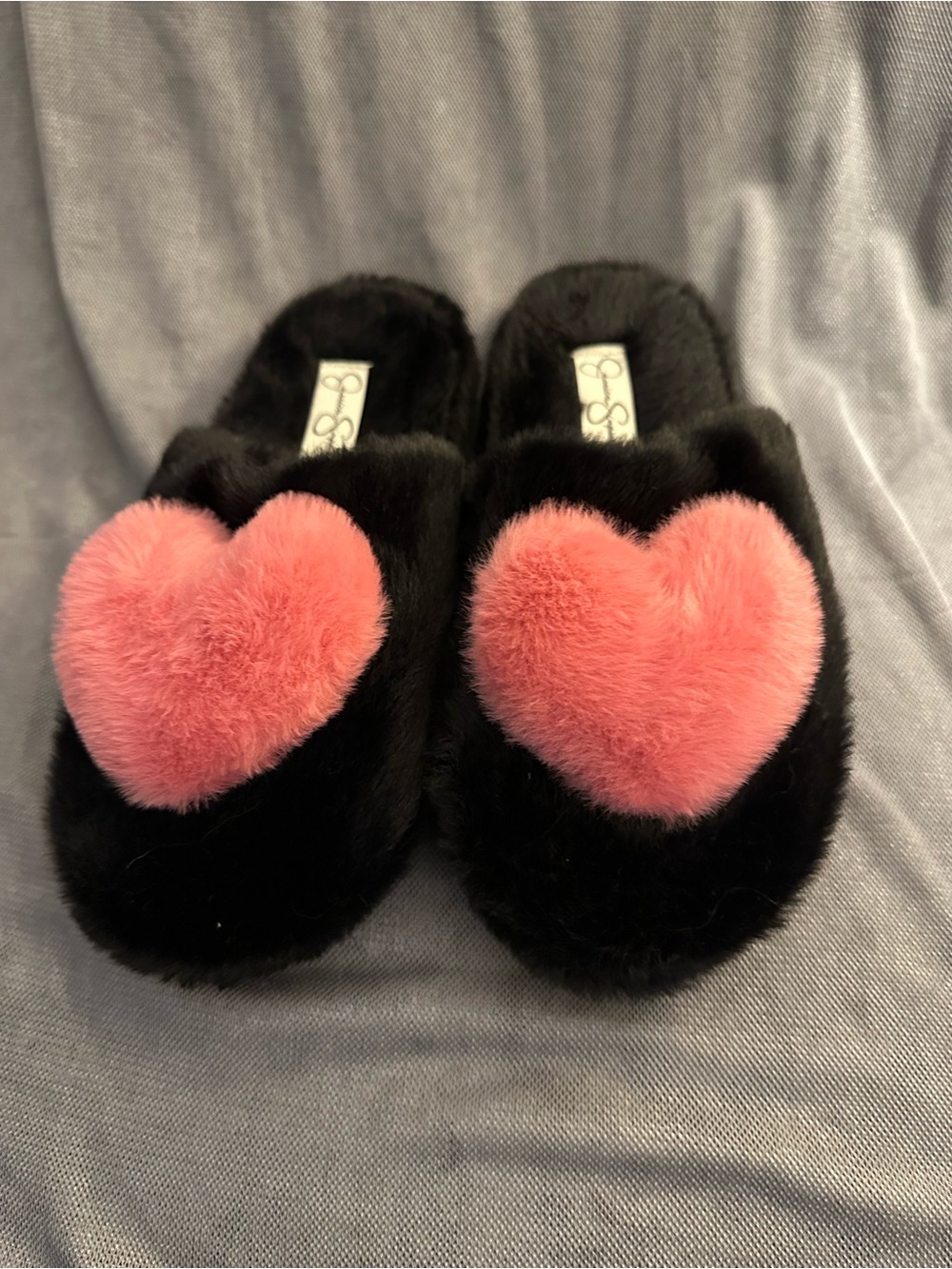 Jessica Simpson Black Fuzzy Slippers with Pink Heart Accent